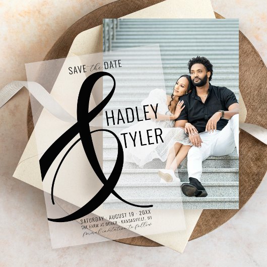 Eenvoudige moderne zwarte overlay bruiloft Save th Vellum Uitnodigingen