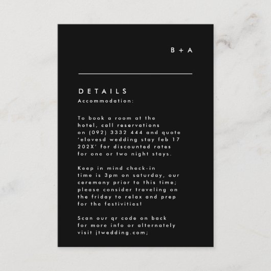 Eenvoudige moderne zwarte witte monogram accommoda RSVP kaartje (Voorkant)