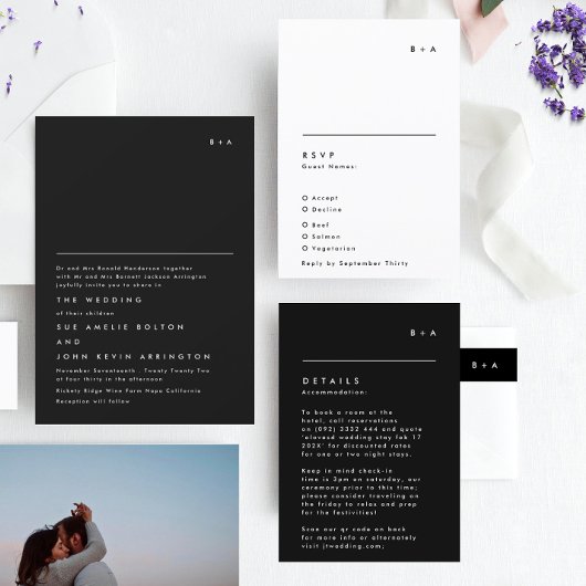 Eenvoudige moderne zwarte witte monogram accommoda RSVP kaartje