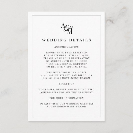 Eenvoudige moderne zwarte witte monogram bruiloft informatiekaartje (Voorkant)