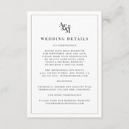 Eenvoudige moderne zwarte witte monogram bruiloft informatiekaartje