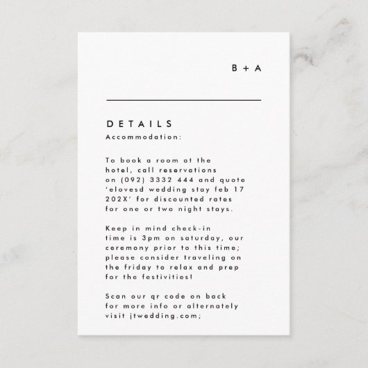 Eenvoudige Moderne Zwarte Witte Monogram Details RSVP Kaartje (Voorkant)