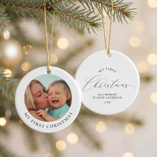Eenvoudige Moeder en Baby Foto Eerste Kerstmis Keramisch Ornament