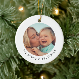 Eenvoudige Moeder en Baby Foto Eerste Kerstmis Keramisch Ornament