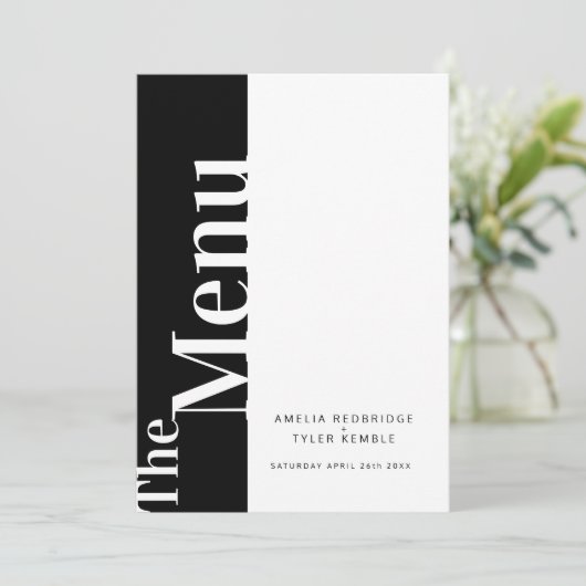 Eenvoudige mono tekst zwart met witte bruiloft men menu (Staand voorkant)