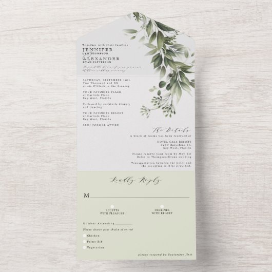 Eenvoudige monochromatische groene Eucalyptus Wedd All In One Uitnodiging (Binnen)