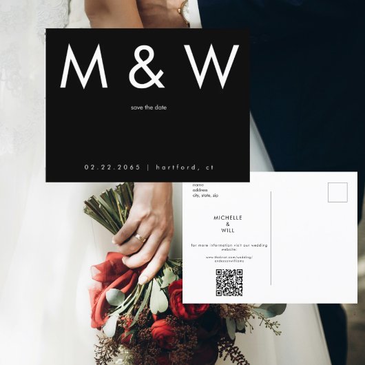 Eenvoudige Monogram B/W QR Code Bewaar Datum Aankondigingskaart