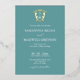 Eenvoudige Monogram Blauwe Bruiloft Folie Uitnodiging
