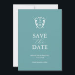 Eenvoudige Monogram Blauwe Save The Date<br><div class="desc">Maak je verloving bekend met deze moderne save-the-datekaart. Deze kaart heeft een mix van klassieke en scripttypografie in het wit op een effen turquoise blauwe achtergrond. Voer het monogram van de bruid en bruidegom in het midden van een wapen in. Alle kleuren kunnen worden aangepast aan je huwelijks kleurenpalet. Gebruik...</div>