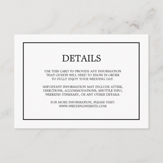 Eenvoudige Monogram Details Witte Huwelijksbijlage Informatiekaartje (Voorkant)