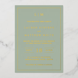 Eenvoudige Monogram Elegante Saliegroene Trouw Gou Folie Uitnodiging