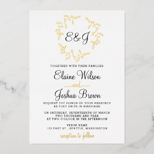 Eenvoudige monogram Folie Wreath Wedding Folie Uitnodiging (Voorkant)