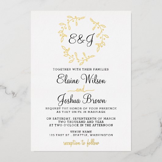 Eenvoudige monogram Folie Wreath Wedding Uitnodiging (Voorkant)