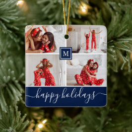 Eenvoudige Monogram Foto Collage Gelukkig Kerstmis Keramisch Ornament