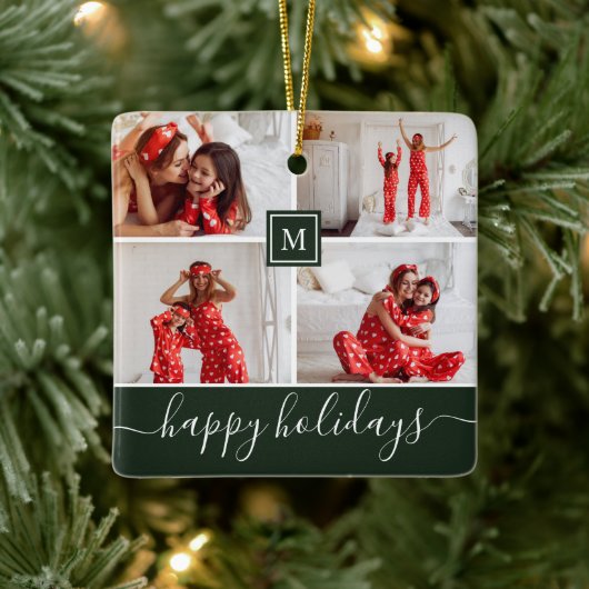 Eenvoudige monogram Foto Collage Happy Holiday Gre Keramisch Ornament (Boom)