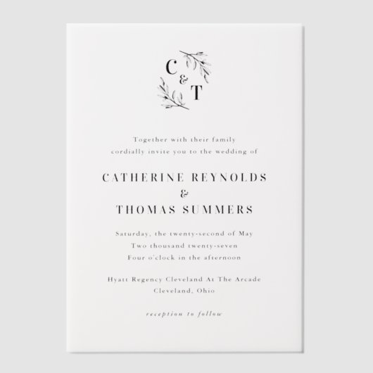 Eenvoudige Monogram Greenery Wedding Vellum Uitnodigingen (Voorkant)