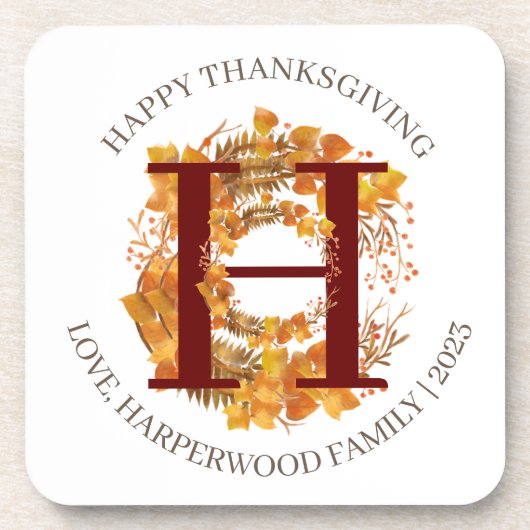 Eenvoudige Monogram Herfst Oogst Happy Thanksgivin Bier Onderzetter (Voorkant)