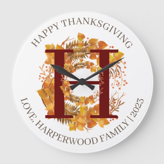 Eenvoudige Monogram Herfst Oogst Happy Thanksgivin Grote Klok (Voorkant)