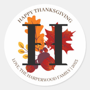 Eenvoudige Monogram Herfst Oogst Happy Thanksgivin Ronde Sticker