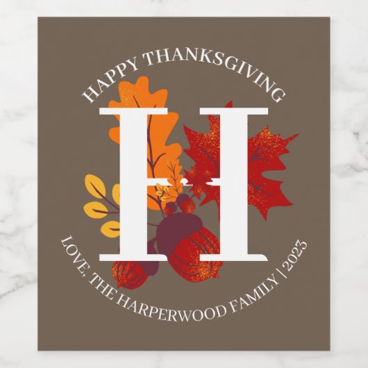 Eenvoudige Monogram Herfst Oogst Happy Thanksgivin Wijn Etiket (Enkel label)