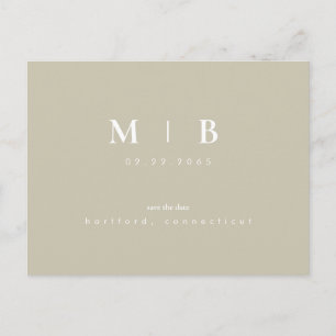 Eenvoudige Monogram Khaki Huwelijk Save the Date A Briefkaart