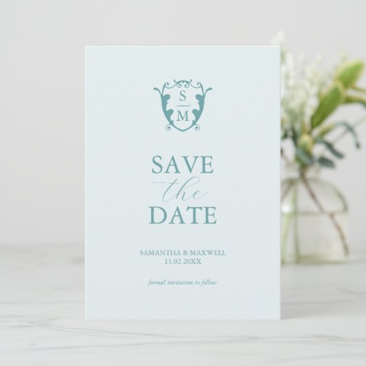 Eenvoudige Monogram Lichtblauwe Save The Date (Staand voorkant)