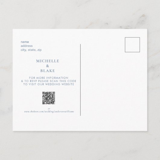 Eenvoudige monogram Periwinkle sparen de Datum QR Aankondigingskaart (Achterkant)