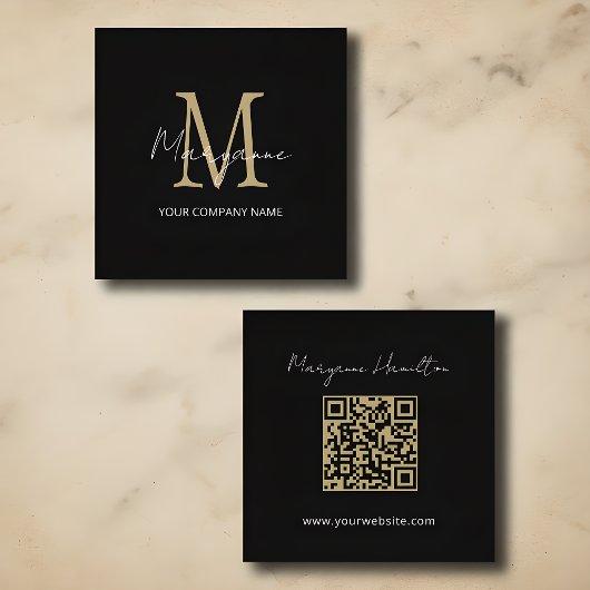 Eenvoudige Monogram QR-code Zwart Vierkante Visitekaartje