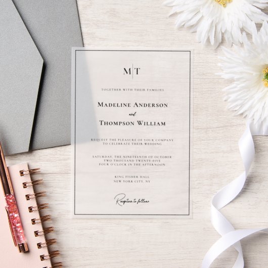 Eenvoudige Monogram Rand Foto bruiloft Vellum Uitnodigingen (Huwelijk)