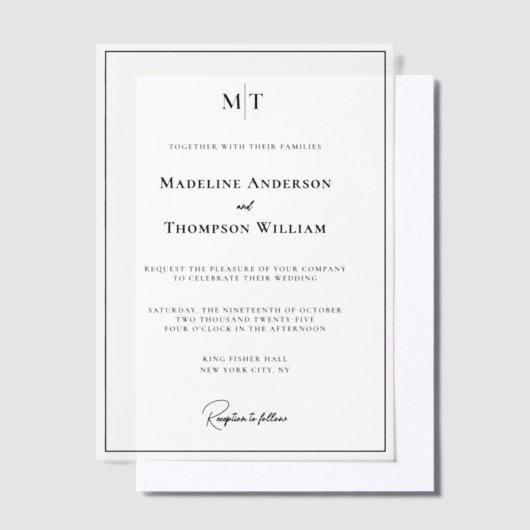 Eenvoudige Monogram Rand Foto bruiloft Vellum Uitnodigingen (Offset)