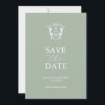 Eenvoudige Monogram Saliegroen Bewaar de Datum Save The Date<br><div class="desc">Maak je verlovingsaankondiging bekend met deze moderne save-the-datekaart. Deze kaart heeft een mix van klassieke en scripttypografie in het wit op een effen saliegroene achtergrond. Voer het monogram van de bruid en bruidegom in het midden van een lichtblauwe kam in. Alle kleuren kunnen worden aangepast aan je huwelijks kleurpalet. Gebruik...</div>