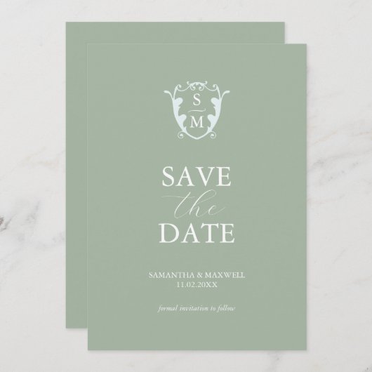 Eenvoudige Monogram Saliegroen Bewaar de Datum Save The Date (Voorkant / Achterkant)