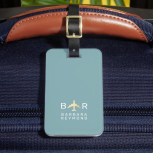 Eenvoudige Monogram Vliegtuig Reizen Blauw Bagagelabel