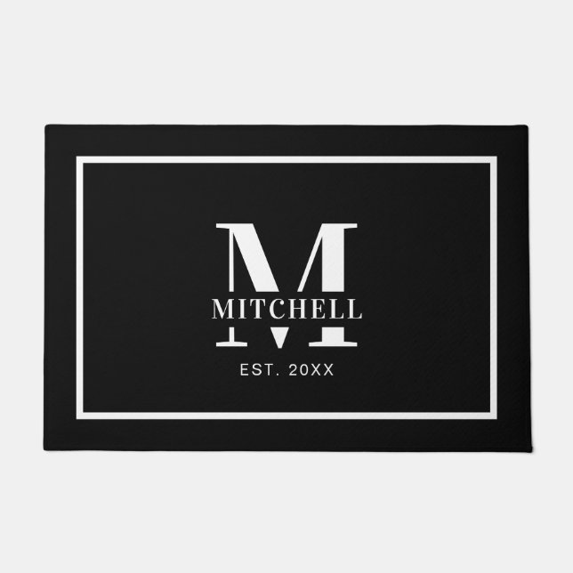 Eenvoudige Monogrammed Zwart Wit Aangepaste Famili Deurmat (Voorkant)