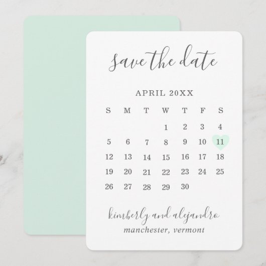 Eenvoudige Mooie Mintgroene Hart Kalender Trouw Save The Date (Voorkant / Achterkant)