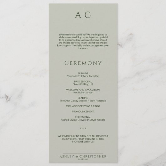 Eenvoudige Mos & Sage Groene Monogram Huwelijkscer Programmakaart (Voorkant)