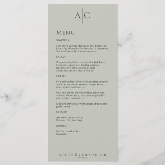 Eenvoudige Mos & Sage Monogram Bruiloft Receptie Menu (Voorkant)