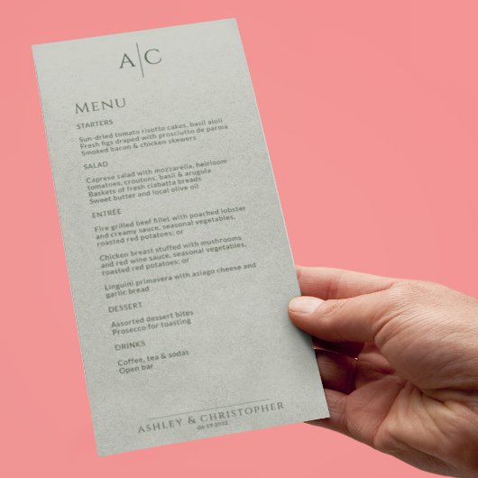 Eenvoudige Mos & Sage Monogram Bruiloft Receptie Menu