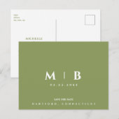 Eenvoudige Moss Groene Monogram Bruiloft Save the  Briefkaart (Voorkant / Achterkant)