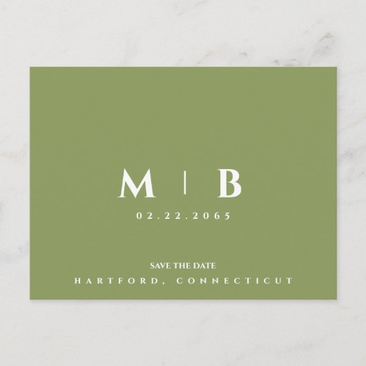Eenvoudige Moss Groene Monogram Bruiloft Save the  Briefkaart (Voorkant)