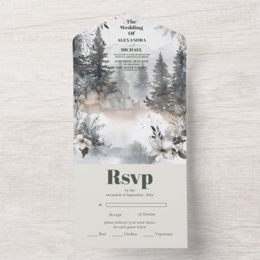 Eenvoudige Mountain Pine Tree Winter bruiloft All In One Uitnodiging (Binnen)