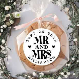 Eenvoudige Mr. Mrs. Naam Datum Bruiloft Hart Favor Ronde Sticker