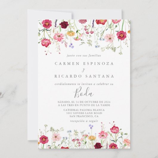 Eenvoudige Multicolor Wildflower Spaanse bruiloft Kaart (Voorkant)