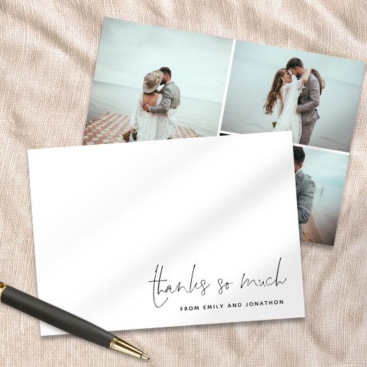 Eenvoudige Naam Script 3 Foto bruiloft Dank u Notitiekaartje