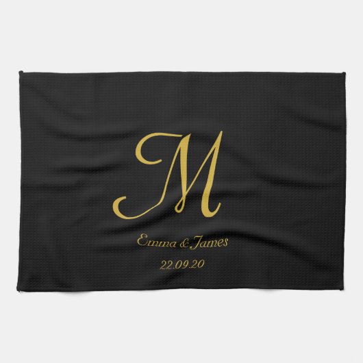 Eenvoudige naam van Elegant Black en Gold Monogram Theedoek (Horizontaal)