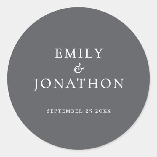 Eenvoudige Namen Datum Wit op Grijze Huwelijk Ronde Sticker (Voorkant)