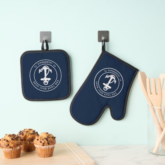 Eenvoudige Nautical Anker Navy Blue Custom Ovenwant & Pannenlap Set (Insitu(Ophanging))