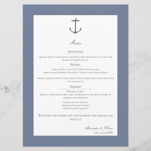Eenvoudige nautische anker bruiloft | Dusty Blue Menu (Voorkant)