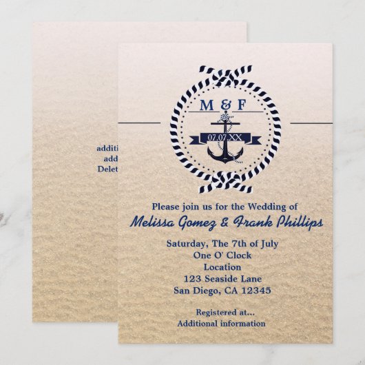 Eenvoudige nautische zandstrand bruiloft uitnodigi kaart (Voorkant / Achterkant)