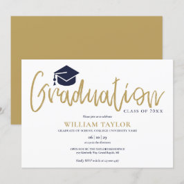 Eenvoudige Navy Blauwe En Gouden Script Afstudeerf Kaart
